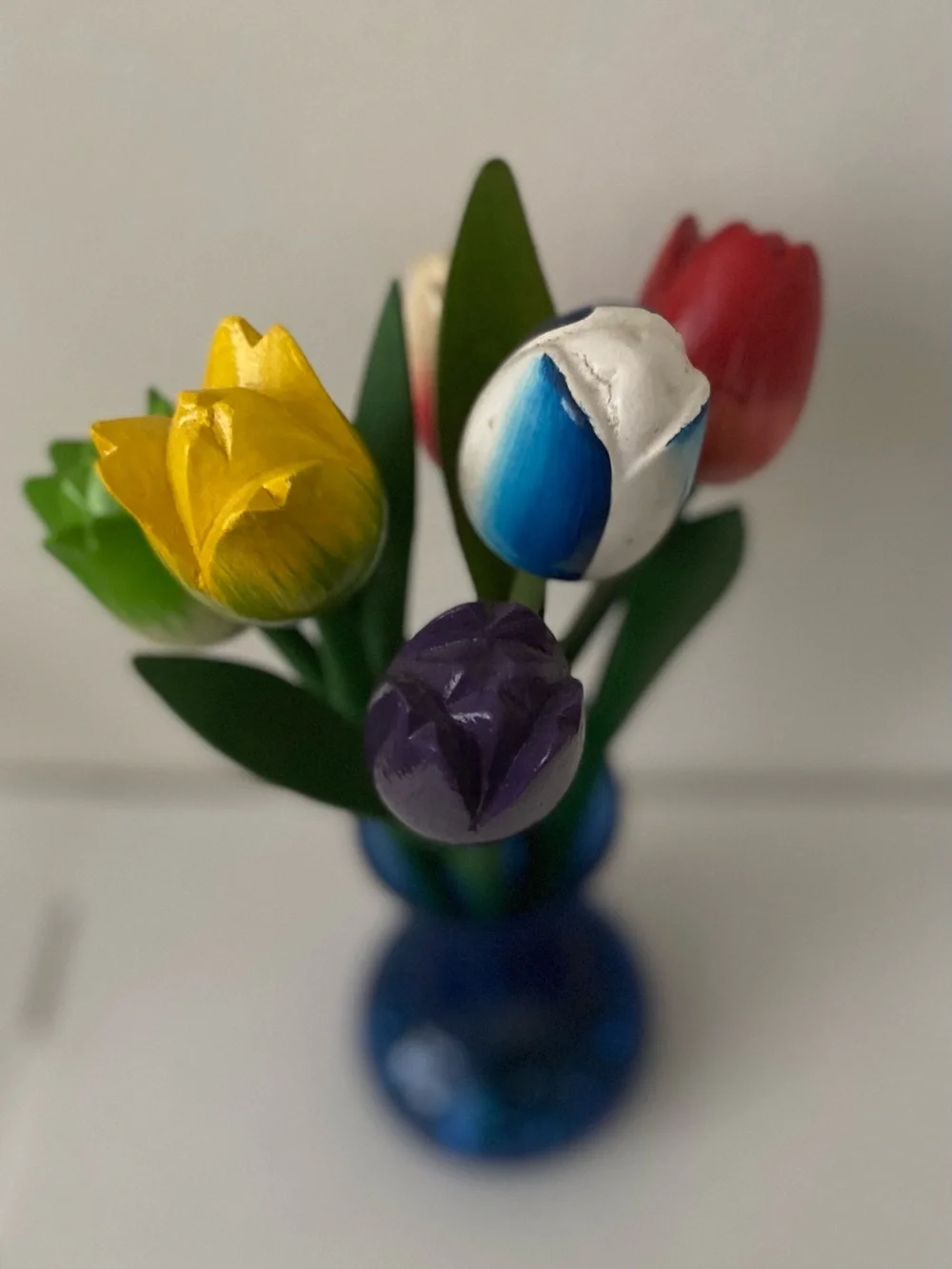 Handcrafted Multicolor Wooden Tulip Bouquet in Blue Glass Vase - Unbranded